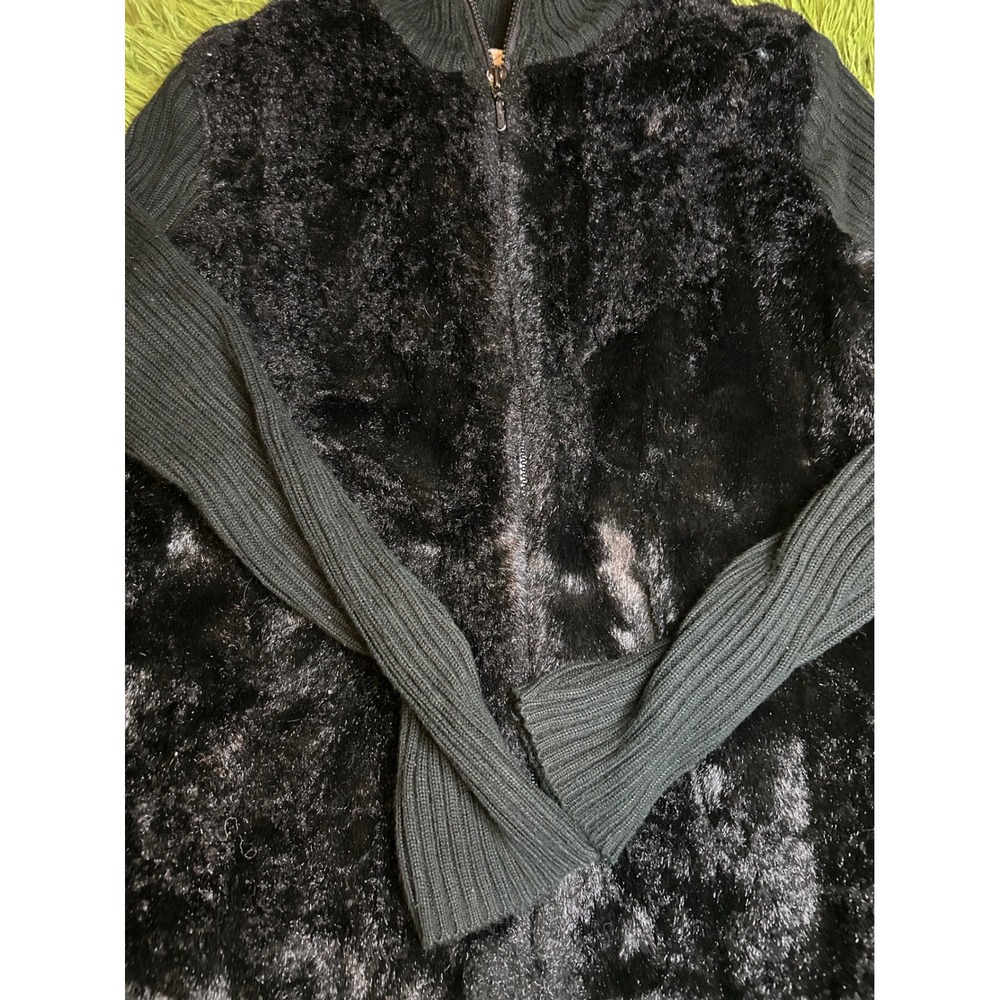 Kathie Lee Cardigan Women Medium Black Faux Fur Front Zip Ribbed Jacket Vintage - Picture 7 of 8